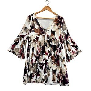 Boho Floral Mini Dress Full Cut High Waist Bell Sleeves Sz L by Entro Hippie